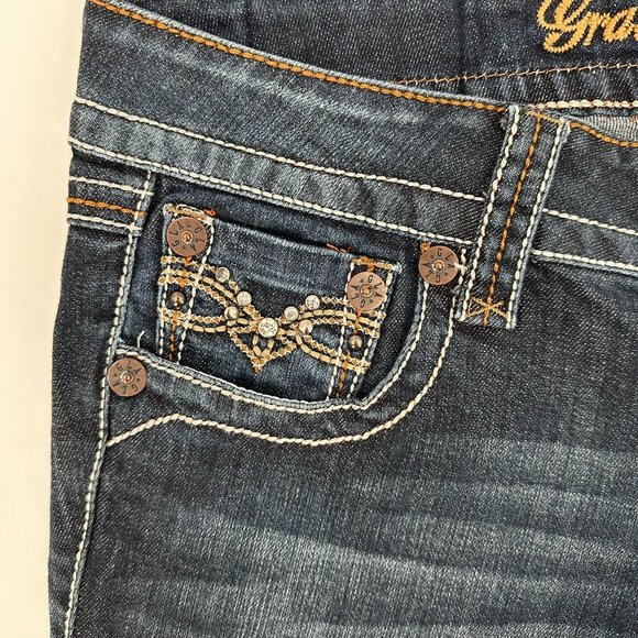 Grace In LA Womens Blue Bling Flap Pocket Low Rise Cropped Straight Leg Jeans 30 - Picture 2 of 10